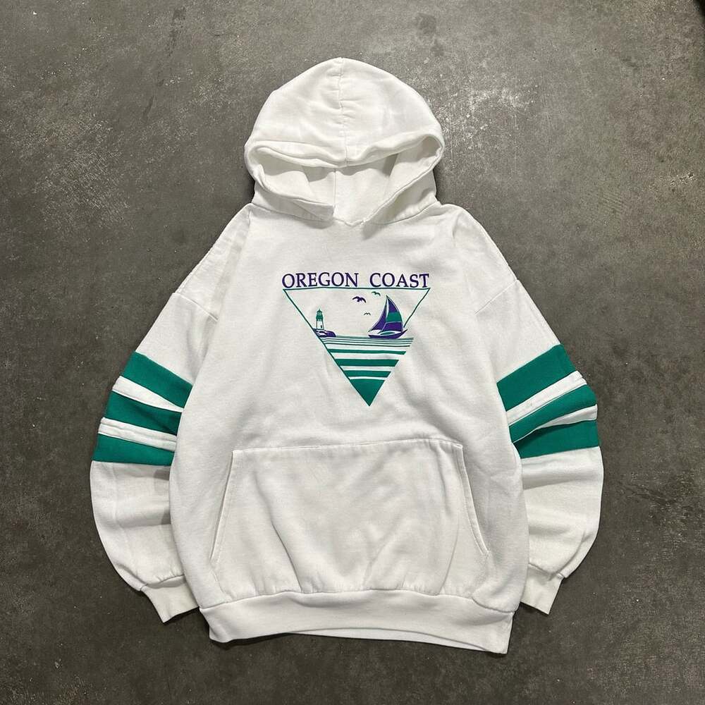 Vintage 80s Magic Oregon Coast Lighthouse & Sailboat Graphic Hoodie Size L